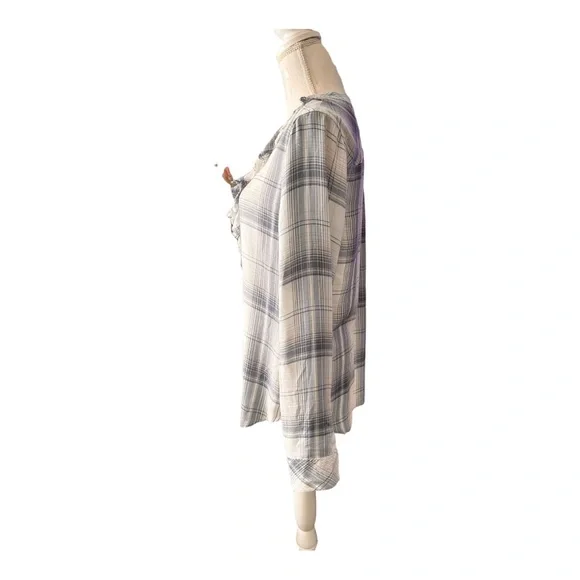 Paige Plaid Shirt Button Up Distressed Ruffle Collar Festival Semi Sheer Size M - Picture 2 of 9